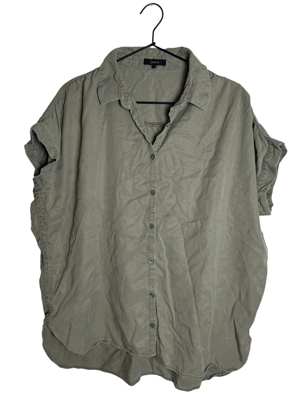 Quince Olive Green Vintage Wash Tencel Camp Button-Down Short Sleeve Shirt Large